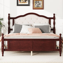 Load image into Gallery viewer, Pine Wooden Bed With Upholstered Headboard And Panel Footboard, With Two Bed Rail Support Feet And Central Platform Support Feet
