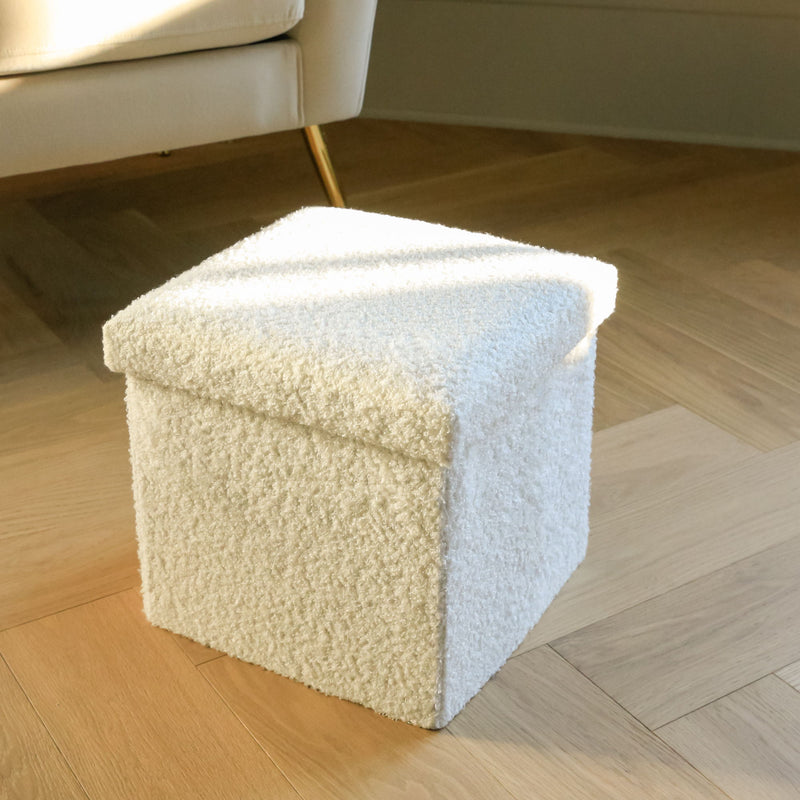 12" Boucle Cube Storage Ottoman - White