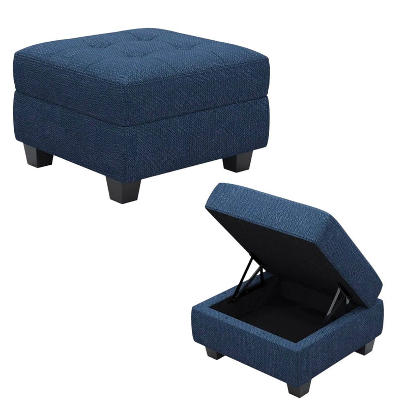 Solid Wood Linen Tufted Storage Ottoman - Blue / Black