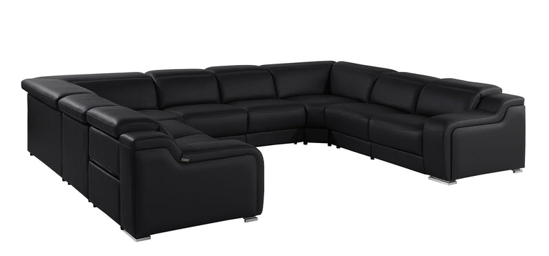 Power Reclining Italian Leather U Shaped Eight Piece Corner Sectional With Console - Black