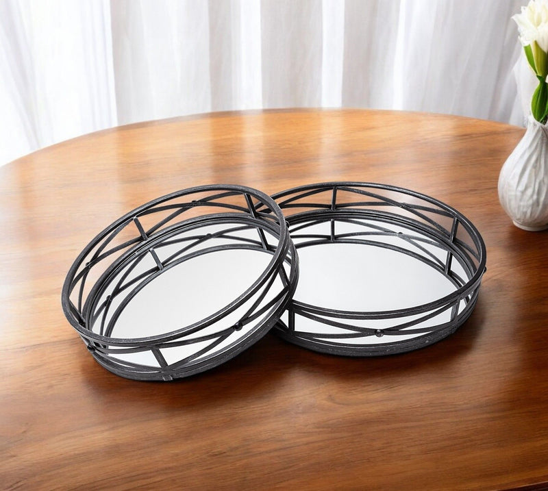 Round Metal And Mirrored Glass Vanity Trays (Set of 2) - Black