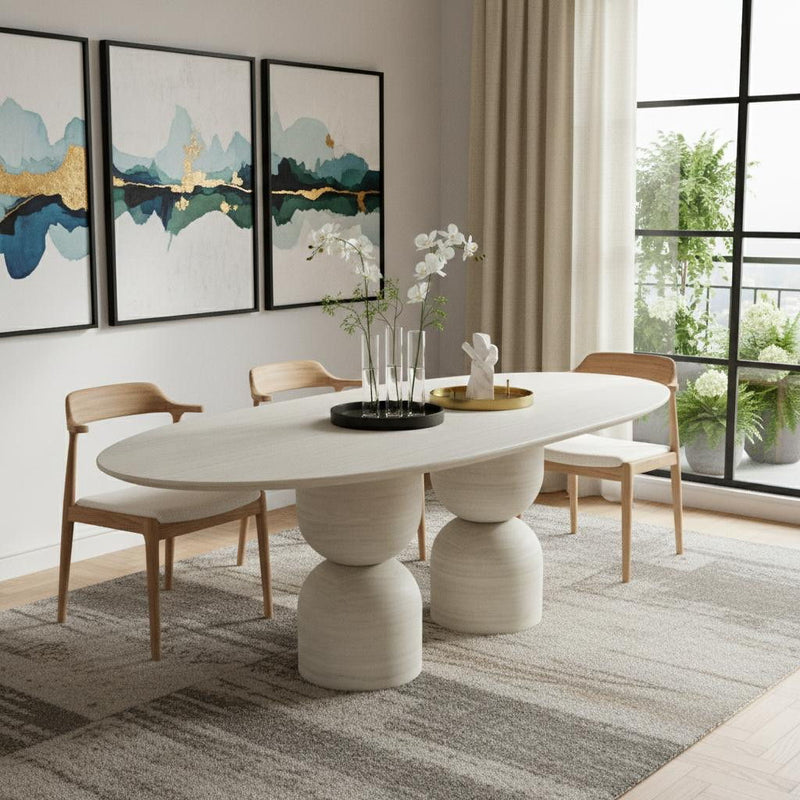 Marble Double Pedestal Base Oval Dining Table - Beige