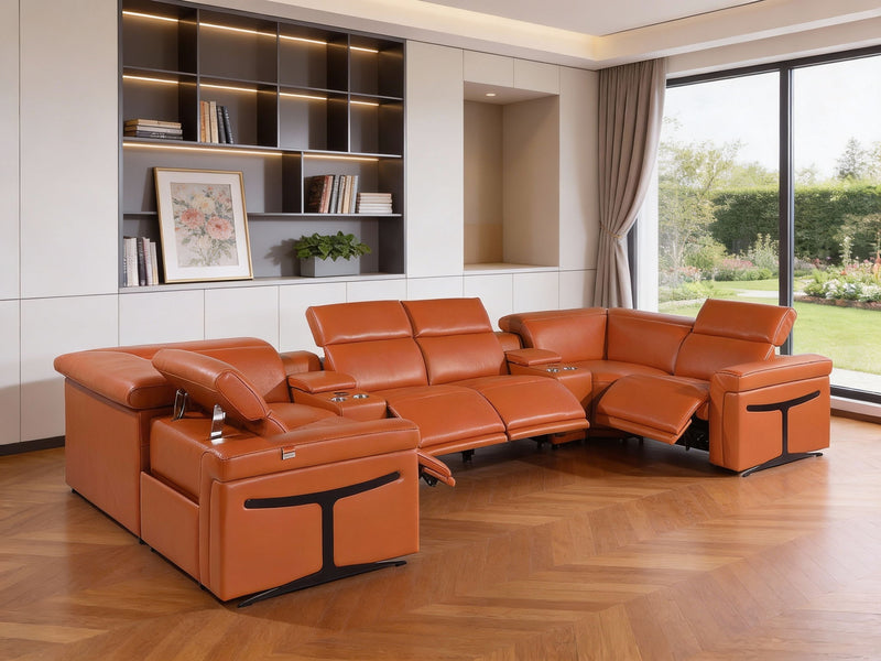 Italian Leather Power Reclining U Shaped Eight Piece Sectional With Console - Camel