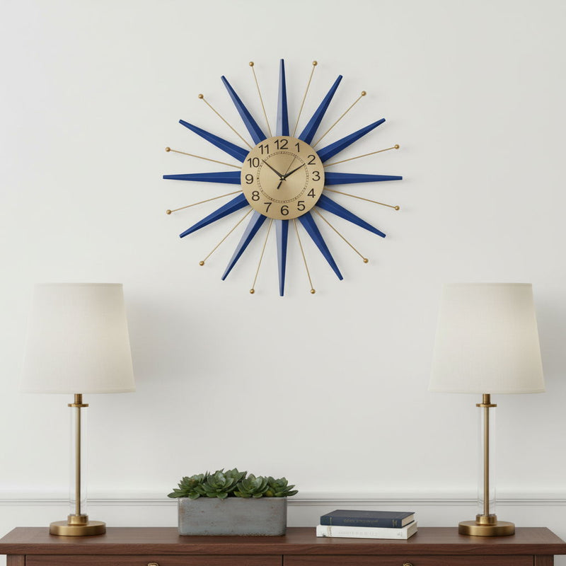 Silent Analog Starburst Wall Clock - Blue / Gold