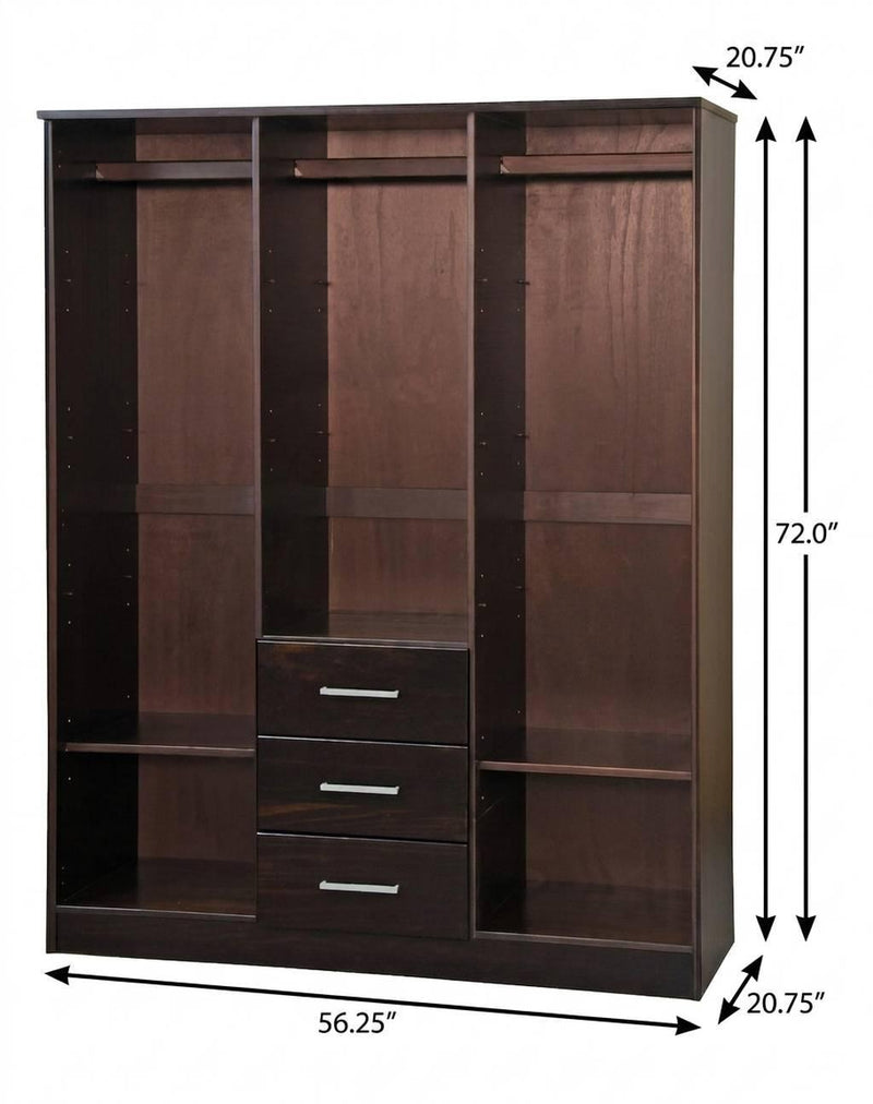 Solid Wood Mirrored Three Door Three Drawer Combo Dresser - Dark Brown