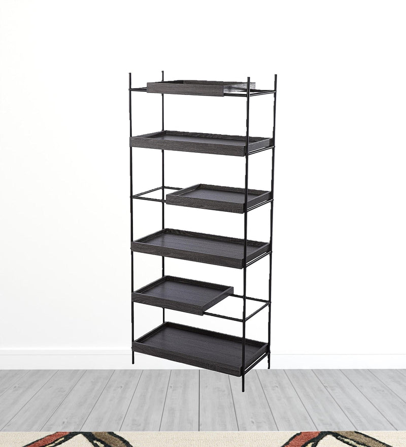 Sliding Shelf Five Tier Etagere Bookcase - Black