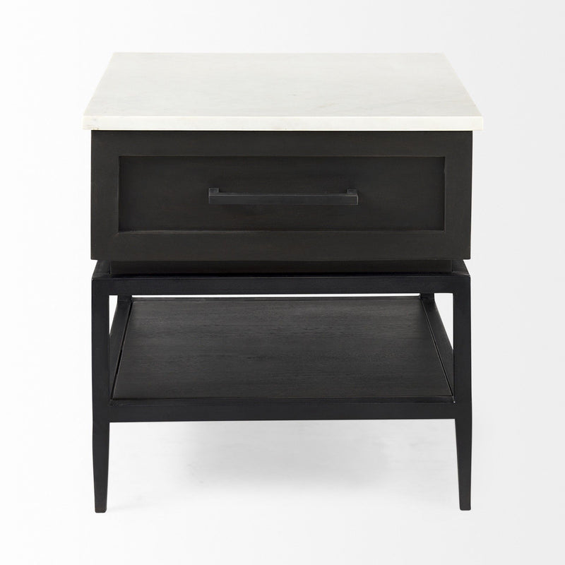 Marble Square End Table With Drawer And Shelf - Black And White