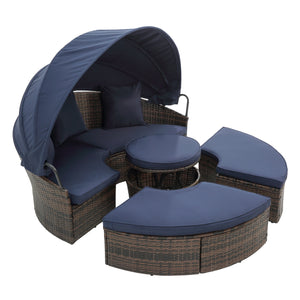 Hot Sale KD Rattan Round Lounge With Canopy Bali Canopy Bed Outdoor, Wicker Outdoor Sofa Bed with lift coffee table