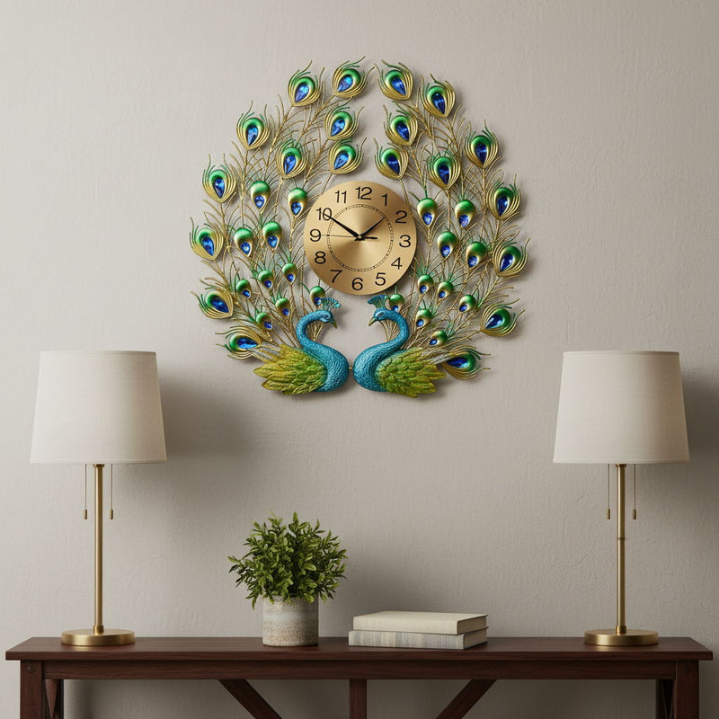 Silent Analog Peacock Novelty Wall Clock - Blue / Gold / Green