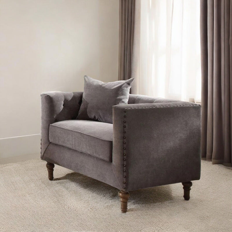 Velvet Tufted Arm Chair And Toss Pillow - Gray And Brown