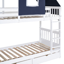 Load image into Gallery viewer, Twin Over Twin Bunk Bed Wood Bed with Tent and Drawers, White+Blue Tent
