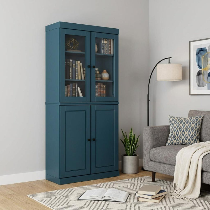 Solid Wood Adjustable Six Tier Library Bookcase With Four Doors (751451) - Teal Blue