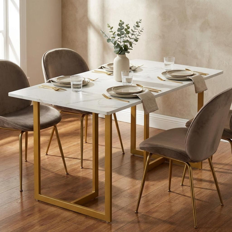 White And Faux Marble And Iron Sled Base Dining Table - Gold
