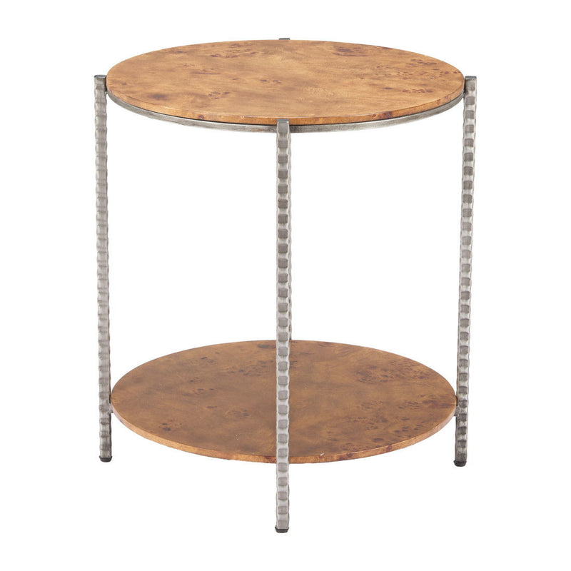 22" Wood And Steel Round End Table With Shelf - Brown