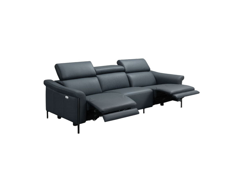 Leather Reclining Wood USB Sofa - Blue