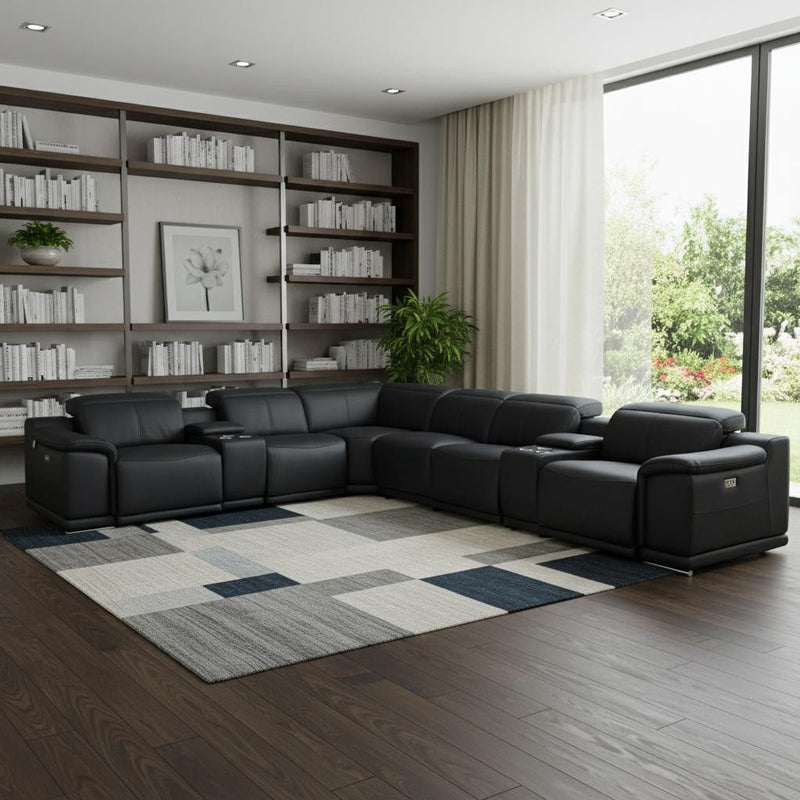 Italian Leather Power Reclining U Shaped 8 Piece Corner Sectional With Console - Black