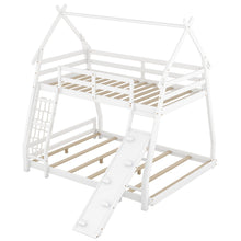 Load image into Gallery viewer, Twin over Queen House Bunk Bed with Climbing Nets and Climbing Ramp, White
