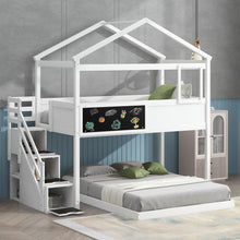 Load image into Gallery viewer, Twin over Full House Bunk Bed with Storage Staircase and Blackboard,White(Old SKU: GX001701AAK)
