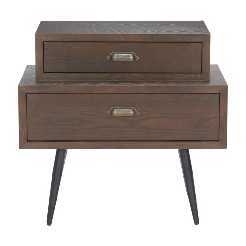 Pedestal End Table With Two Drawers - Brown