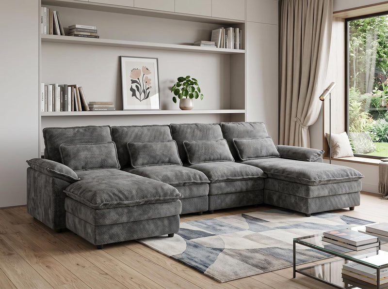 Chenille Modular U Shaped Four Piece Sofa And Chaise Sectional With Console And Toss Pillows - Gray