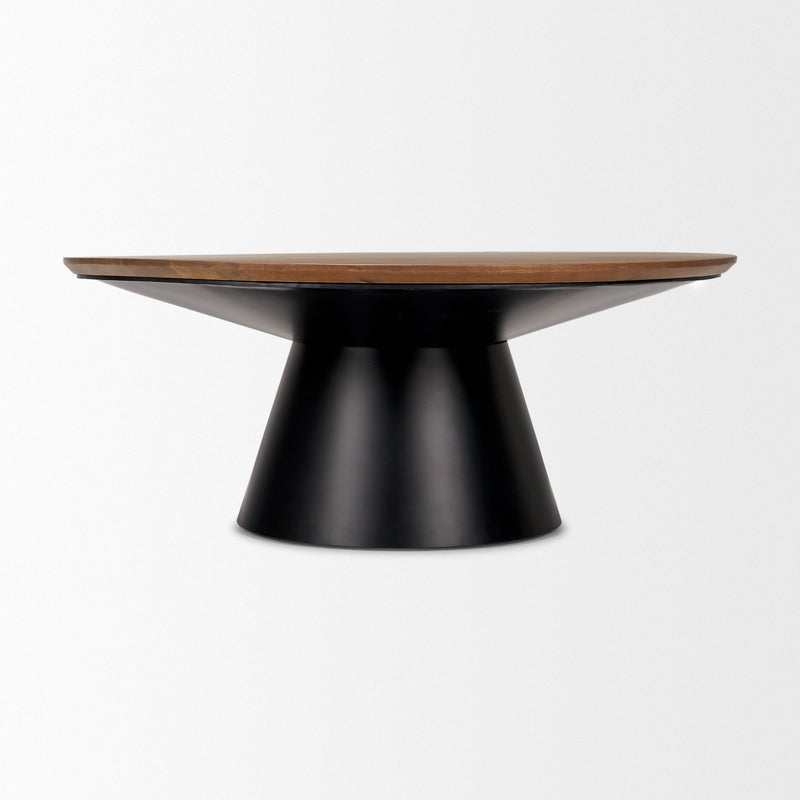 40" Solid Wood And Iron Round Pedestal Coffee Table - Black And Natural