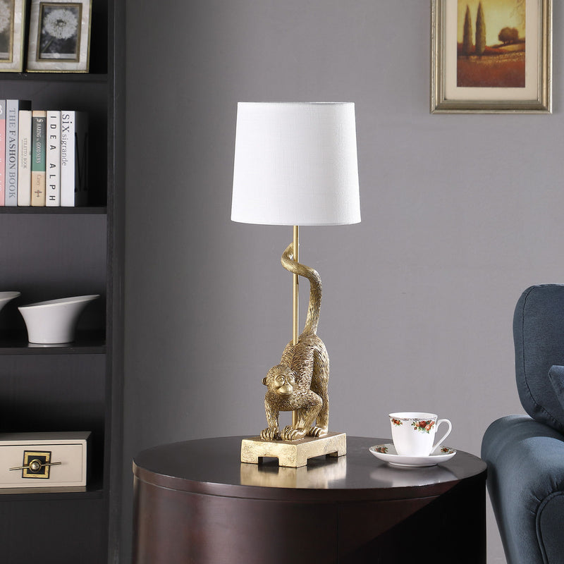 Monkey Table Lamp With White Drum Shade - Gold