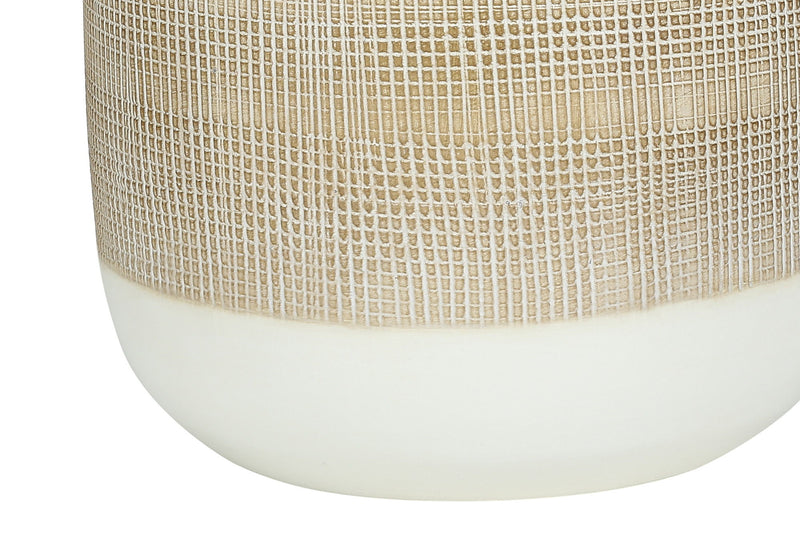 Ceramic Round Table Lamp With Beige Drum Shade - Brown And White