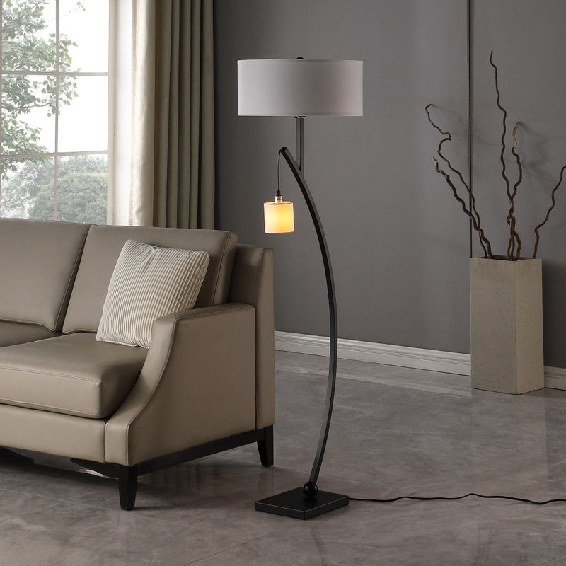 Dual Arc Floor Lamp With White Drum Shade - Matte Black