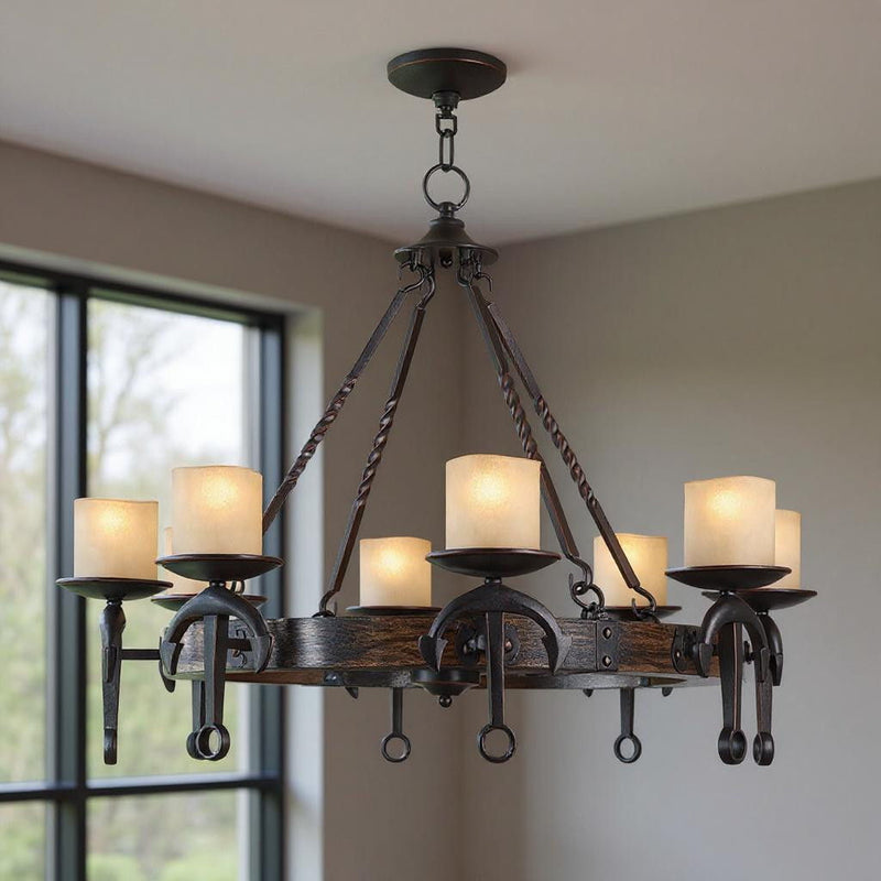 Eight Light Resin Dimmable Chandelier With Shades - Bronze / Cream