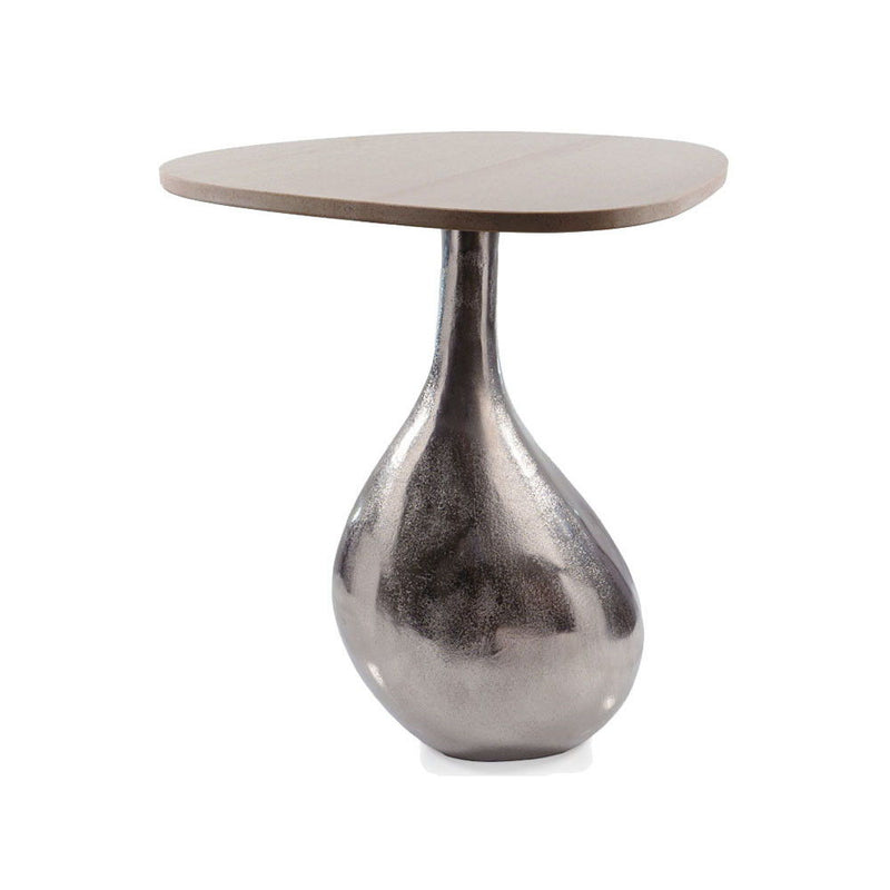 22" Cast Aluminum And Marble Pedestal End Table - Silver And Beige