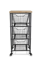 Load image into Gallery viewer, 32" Metal And Wood Basket Storage Rolling Cabinet - Black And Natural
