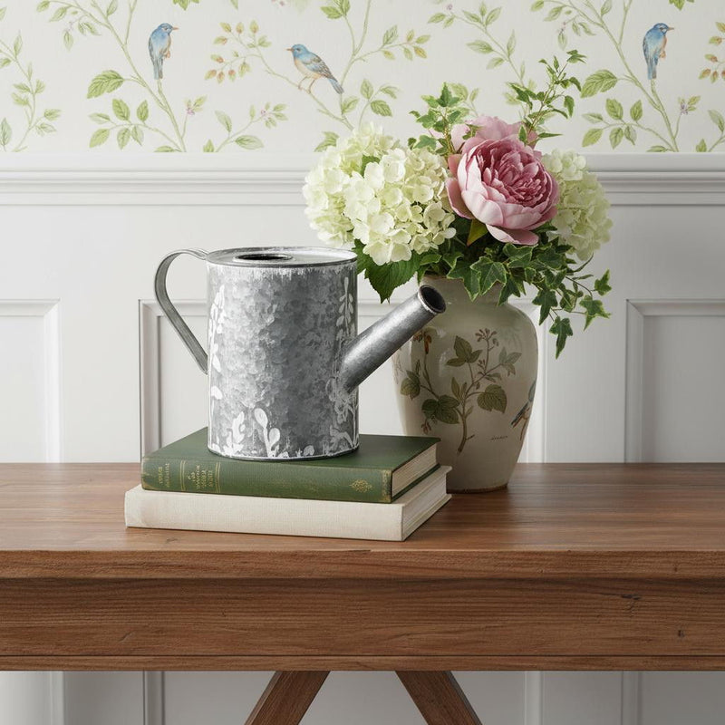 Galvanized Flowers Hand Painted Decorative Watering Can (635818) - Gray / White