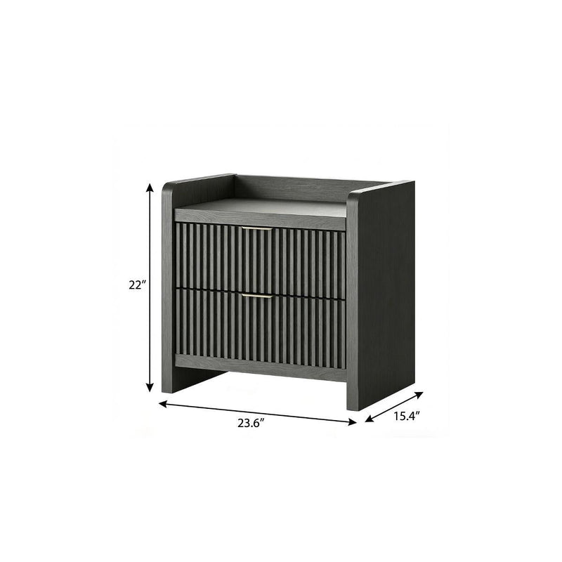 Wood Ribbed Texture Two Drawer Nightstand With USB Port And Integrated Tech - Black