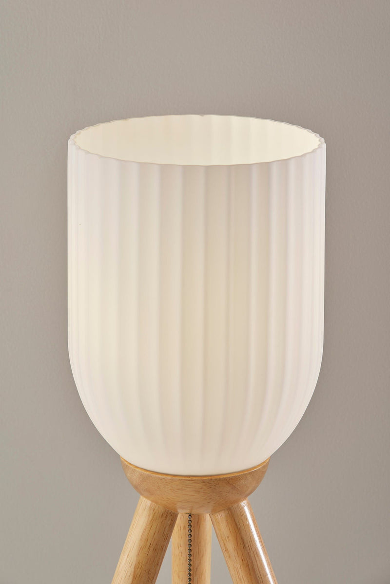 Solid Wood Tripod Table Lamp With White Ribbed Glass Shade - Natural