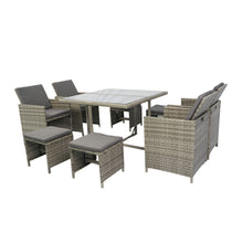 Load image into Gallery viewer, 9 Pieces Patio Dining Sets Outdoor Space Saving Rattan Chairs with Glass Table Patio Furniture Sets Cushioned Seating and Back Sectional Conversation Set Grey Wicker + Grey Cushion
