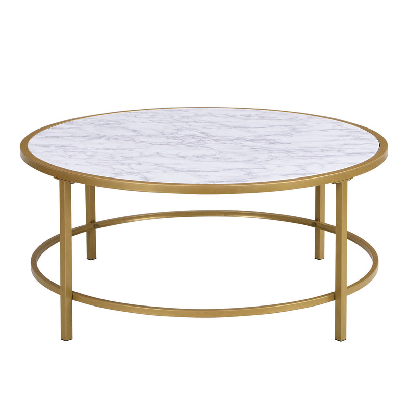 Faux Marble And Metal Round Coffee Table - White And Gold