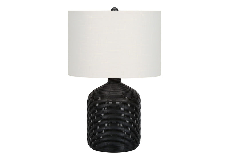 Rattan Round Table Lamp With Ivory Drum Shade - Black