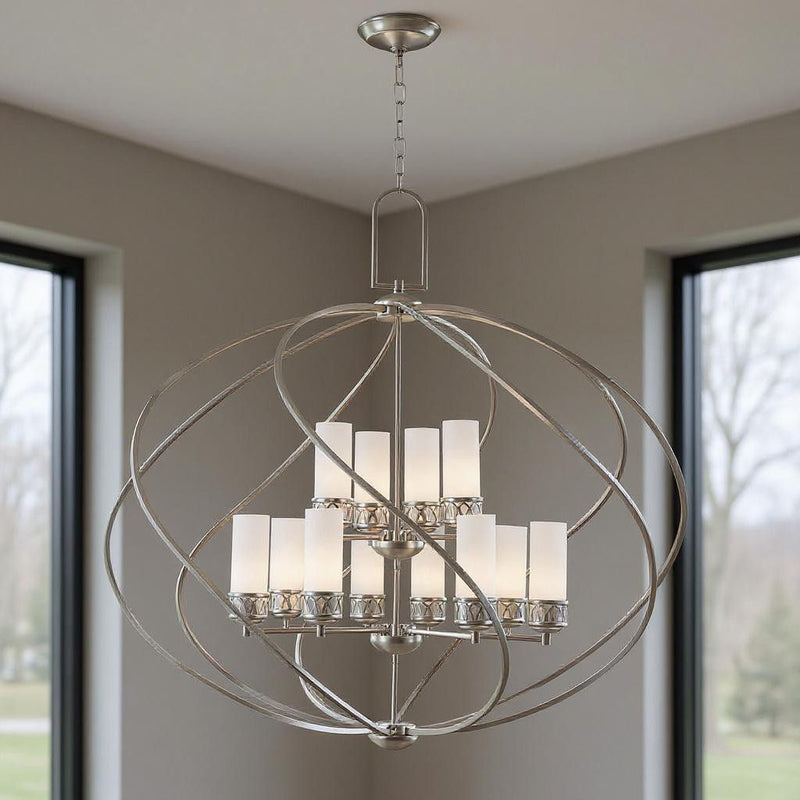 39" Twelve Light Dimmable Chandelier With Shades - Nickel