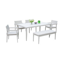 Load image into Gallery viewer, 6 Piece Dining Set Modern Outdoor Patio Furniture, 4 Dining Chairs &amp; 1 Dining Bench Sunbrella Fabric And 2 Tone Rectangle Table With Umbrella Hole - Matte White / Grayish
