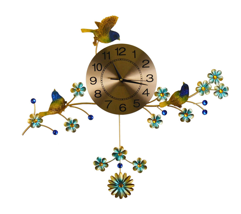 Silent Pendulum Floral Wall Clock - Blue / Green / Gold