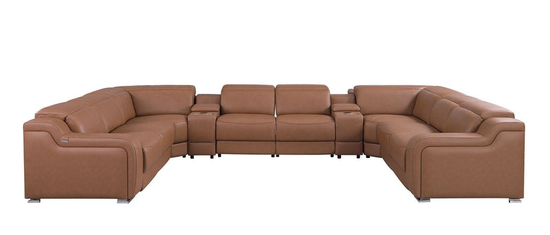 Italian Leather Power Reclining U Shaped 10 Piece Corner Sectional With Console - Chestnut