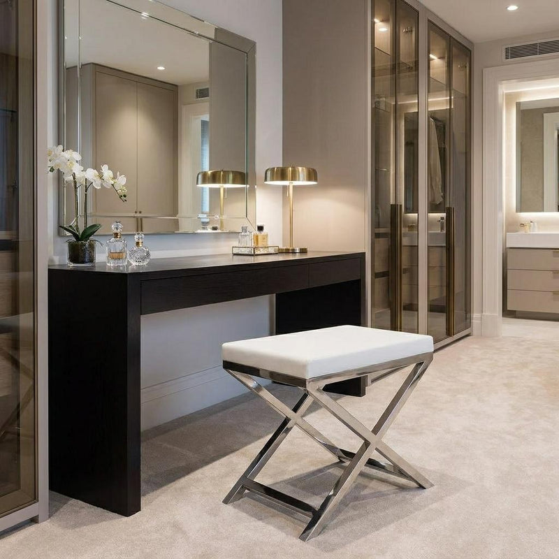 And Silver Faux Leather And Metal Vanity Chair - White