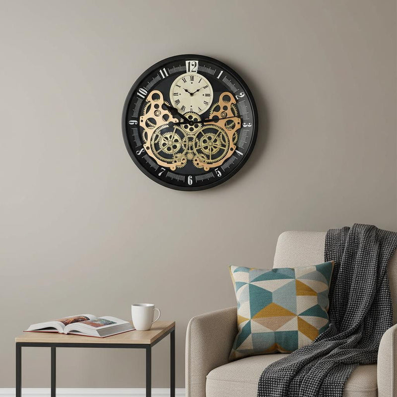 Silent Skeleton Exposed Gear Round Wall Clock - Black / Gold / White