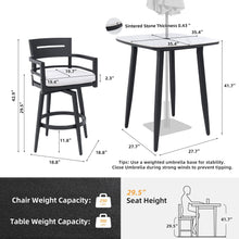 Load image into Gallery viewer, Modern Outdoor Patio Bar Set, Rounded Square Table &amp; Bar Chairs, Non Rust Frame, Tapered Legs, Sunbrella Cushion
