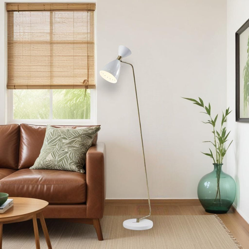 Task Floor Lamp With White Metal Cone Shade - Brass