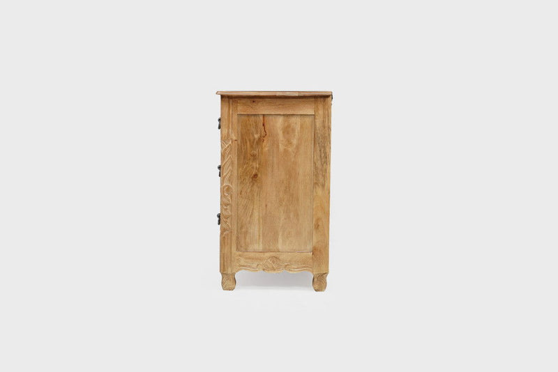 Solid Wood Square Distressed Carved Floral Three Drawer Nightstand - Brown