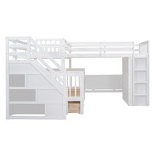 Load image into Gallery viewer, Twin-Twin over Full L-Shaped Bunk Bed With 3 Drawers, Portable Desk and Wardrobe, White
