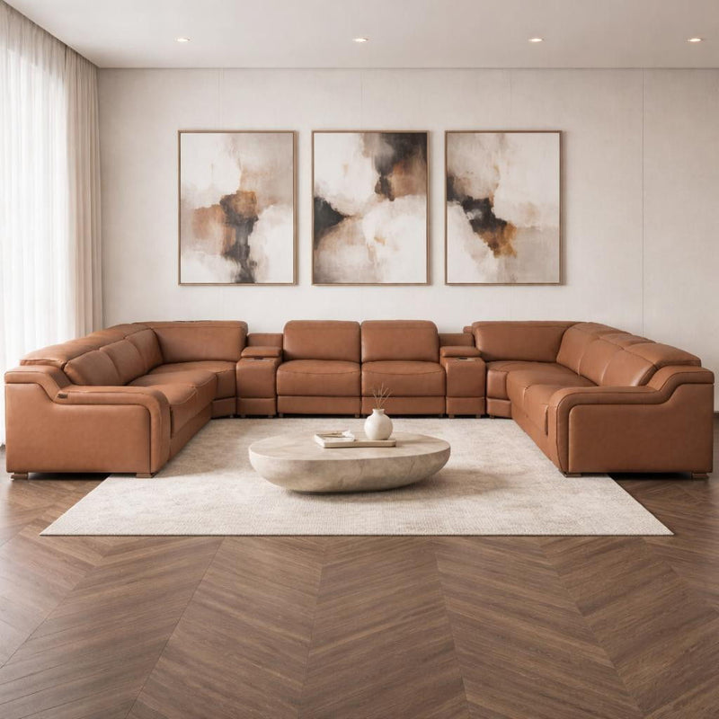 Italian Leather Power Reclining U Shaped 10 Piece Corner Sectional With Console - Chestnut