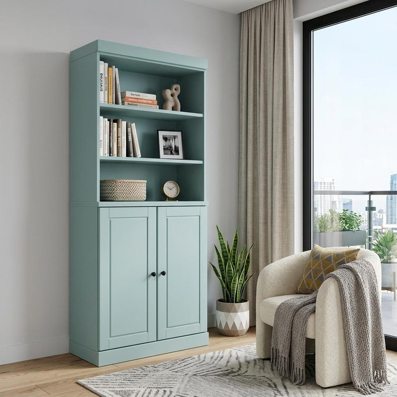Solid Wood Adjustable Six Tier Library Bookcase With Two Doors (745685) - Aqua