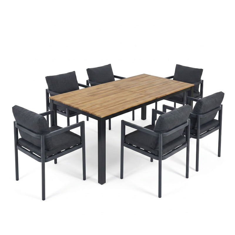 7 Piece Outdoor Dining Set With Table And 6 Chairs - Black / Gray / Teak